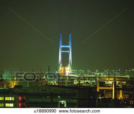 Stock Image -  the Yokohama bay Bridge By Night, Illuminated, Yokohama City, Kanagawa Prefecture, Japan. Fotosearch