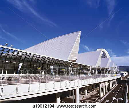 Picture -  the Yokohama International Exhibit Hall Under a Blue Sky, Side View, Yokohama City, Kanagawa Prefecture, Japan. Fotosearch