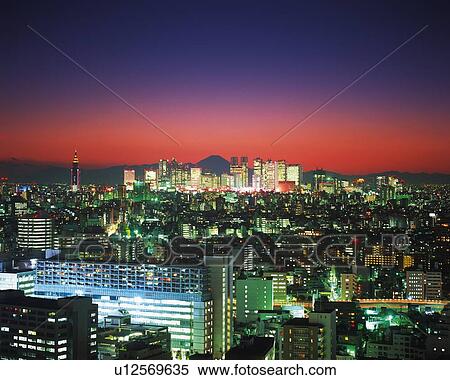 High rise buildings and Mt Fuji, night View Large Photo Image Stock Photography - High rise buildings and Mt Fuji, night. Fotosearch