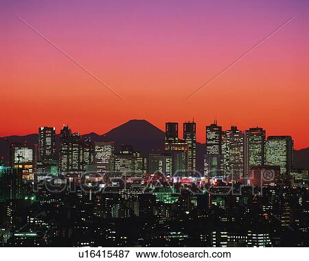 High rise buildings and Mt Fuji, sunset View Large Photo Image Stock Photo - High rise buildings and Mt Fuji, sunset. Fotosearch