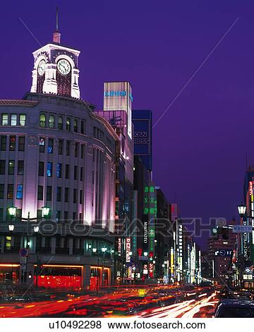 Stock Photo - Night view, Ginza. Fotosearch
