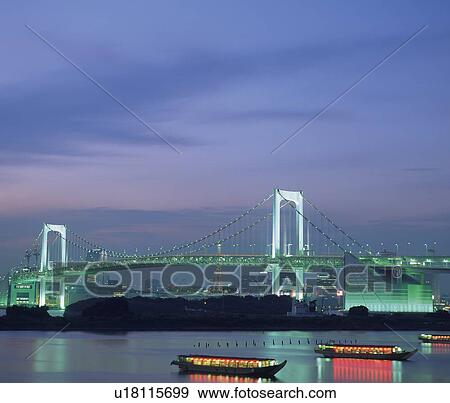 Stock Photo - Rainbow bridge and houseboat. Fotosearch