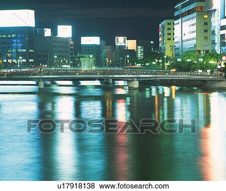 Stock Photo - Night View of Nakagawa in Fukuoka. Fotosearch