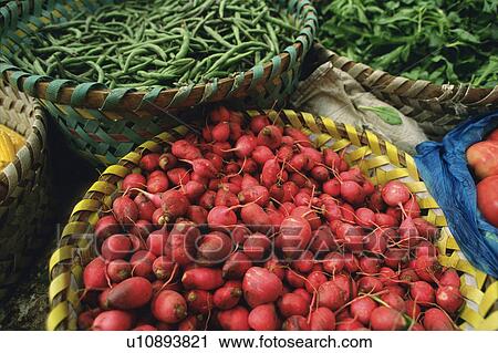 Stock Image -  a Basket Full of Red Radishes and Common Beans, High Angle View, Shanghai, China. Fotosearch