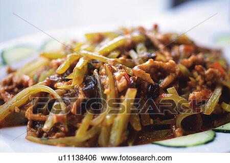 Stock Photograph -  a Chinese Dish With Meat and Vegetables, Front View, Differential Focus, Shanghai, China. Fotosearch