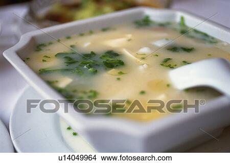 Picture -  a Chinese Soup in a White Porcelain Bowl, High Angle View, Differential Focus, Shanghai, China. Fotosearch