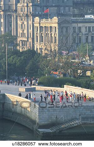Stock Photo -  a Huge Bridge With a Lot of Tourists on it, In the Middle of Shanghai, High Angle View, Far View, Shanghai, China. Fotosearch