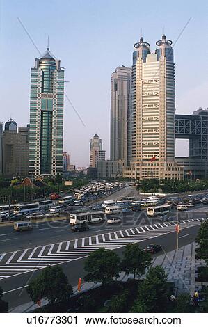 Stock Image -  a Major Street With Several Huge Buildings Behind, High Angle View, Shanghai, China. Fotosearch