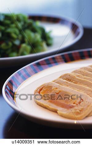 Stock Image -  a Plate of Char Siu, Next to a Plate Full of Green Vegetables, High Angle View, Differential Focus, Shanghai, China. Fotosearch