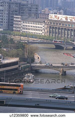 Stock Image -  Several Bridges Spreading Across a River in Shanghai, Surrounded By Several Buildings, High Angle View, China. Fotosearch
