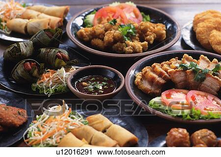 Stock Image -  Several Ethnic Dishes, Containing, Meat, Vegetables, Meat-and Springrolls, High Angle View, Shanghai, China. Fotosearch