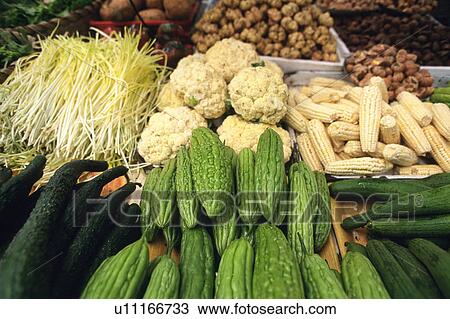 Stock Image -  Several Typical Chinese Vegetable Lying Next to Each Other, High Angle View, Shanghai, China. Fotosearch