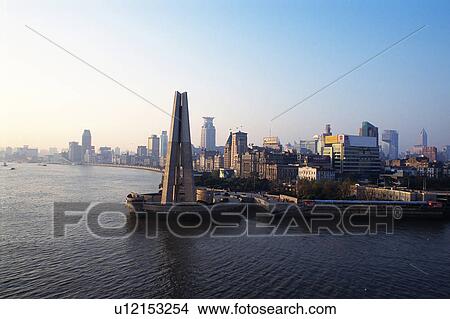Picture -  Shanghai City and Its Buildings, Surrounded By the Ocean Under a Blue Sky, High Angle View, Shanghai, China. Fotosearch