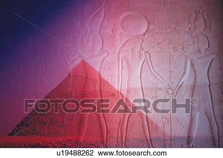 Stock Image - A wall relief and Pyramid, Egypt, Composite. Fotosearch