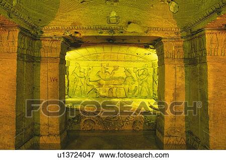 Stock Photo - Wall reliefs inside a tomb, Egypt, Low Angle View. Fotosearch