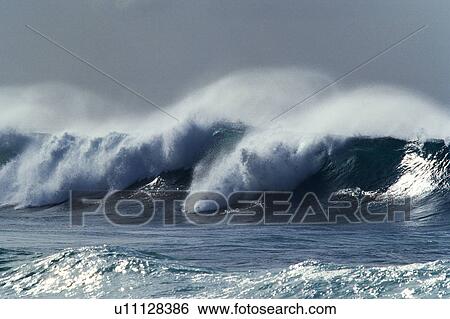 Stock Photograph -  a Big Ocean Wave, the Water Splashing in Many Directions, Toned Image, Grey, Hawaii, USA. Fotosearch