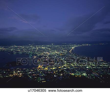 Stock Photography -  Hakodate City By Night From Above, High Angle View, Far View, Hokkaido Prefecture, Japan. Fotosearch