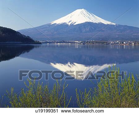 Stock Image - Mt. Fuji and Lake Kawaguchi, Kawaguchiko town, Yamanashi prefecture, Japan. Fotosearch