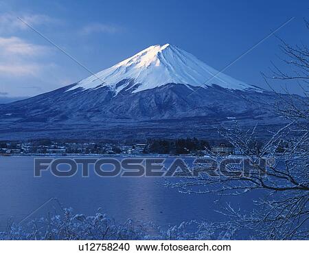 Stock Image - Mt. Fuji in the morning, Kawaguchiko town, Yamanashi prefecture, Japan. Fotosearch