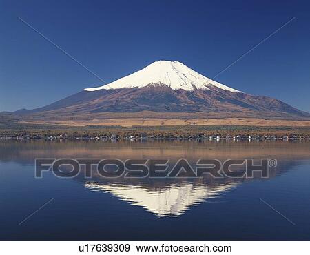Stock Photo - Mt. Fuji reflecting on surface of Lake Yamanaka, Yamanakako village, Yamanashi prefecture, Japan. Fotosearch
