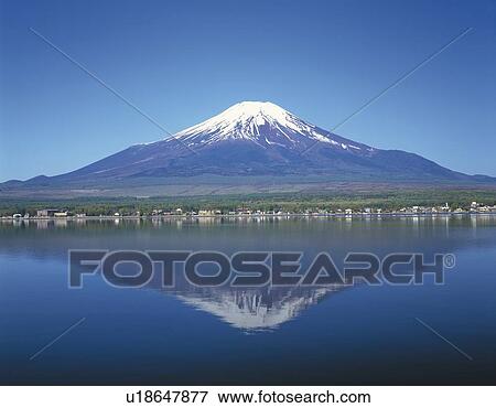Stock Photo - Mt. Fuji reflecting on surface of Lake Yamanaka, Yamanakako village, Yamanashi prefecture, Japan. Fotosearch