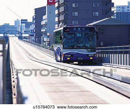 Stock Image - Bus, Nagoya City, Japan, Front View, Pan Focus. Fotosearch