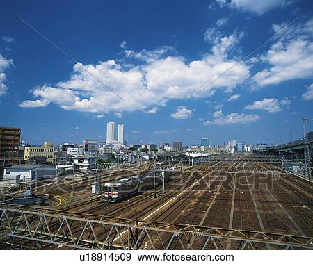 Stock Photo - Railway Track, Nagoya City, Japan, High Angle View, Pan Focus . Fotosearch