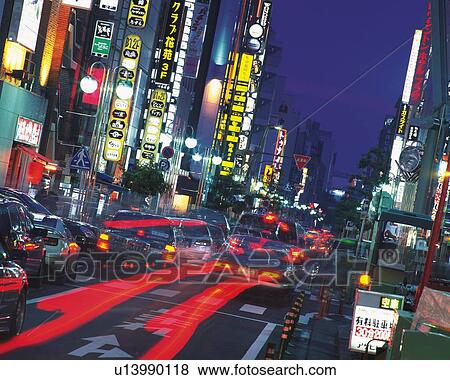 Stock Photo - The Street at Night in Sakae, Nagoya City, Japan, High Angle View, Blurred Image, Long Exposure. Fotosearch