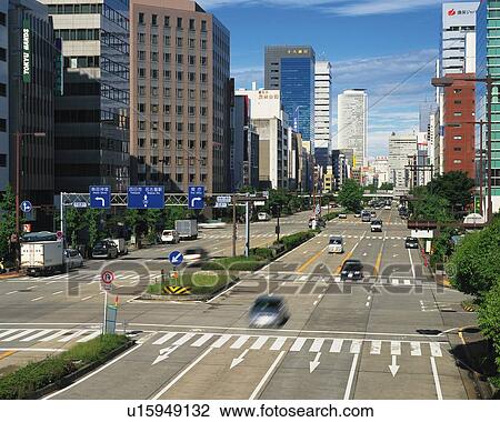 Stock Image - The Street in Nagoya, Nagoya City, Japan, High Angle View, Blurred Image. Fotosearch