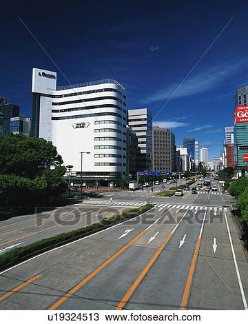 Stock Image - The Street in Nagoya, Nagoya City, Japan, High Angle View, Pan Focus. Fotosearch