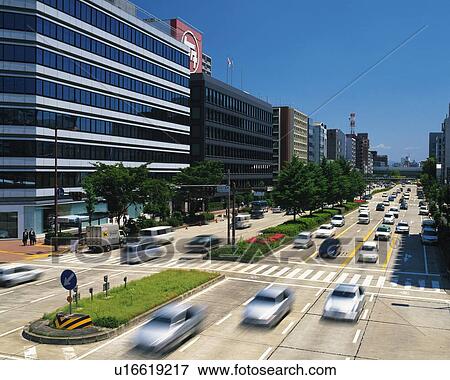 Stock Photo - The Street in Nagoya, Nagoya City, Japan, High Angle View, Blurred Image. Fotosearch