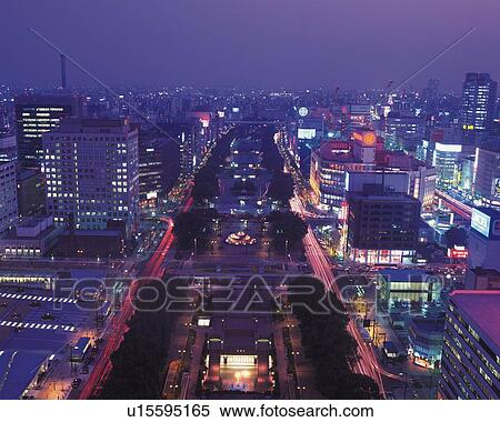 Stock Photography - The Street in the Evening, Nagoya City, Japan, High Angle View, Pan Focus. Fotosearch