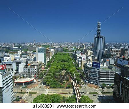 Stock Image - The Streets in Nagoya, Nagoya City, Japan, High Angle View, Pan Focus. Fotosearch