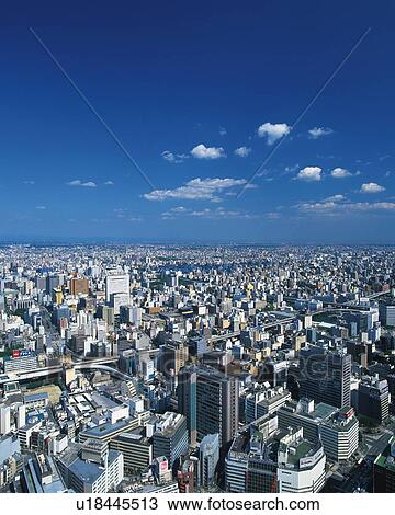 Stock Image - The View from JR Central Towers, Nagoya City, Japan, High Angle View, Pan Focus. Fotosearch