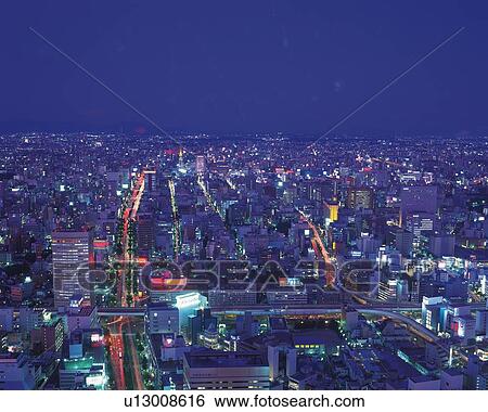 Stock Photograph - The View from JR Central Towers, Nagoya City, Japan, High Angle View, Long Exposure. Fotosearch