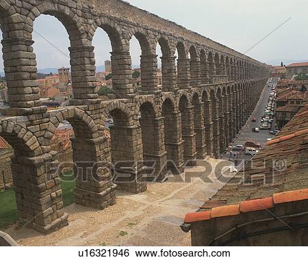 Stock Photograph - Aqueduct in Segovia, Spain, Europe, High Angle View, Pan Focus. Fotosearch