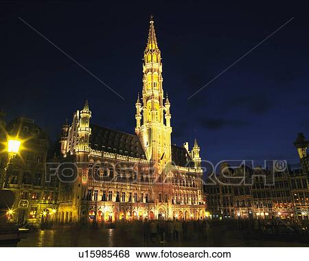 Stock Photo - Grand Place, Brussels, Belgium, Europe, Low Angle View, Long Exposure, Lens Flare. Fotosearch