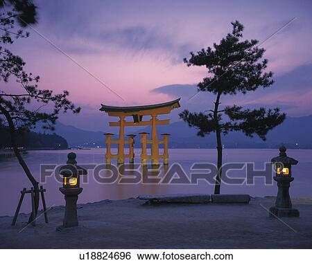 Stock Photograph - Itsukushima Shrine, Hiroshima Prefecture, Japan, Asia, Front View, Pan Focus. Fotosearch