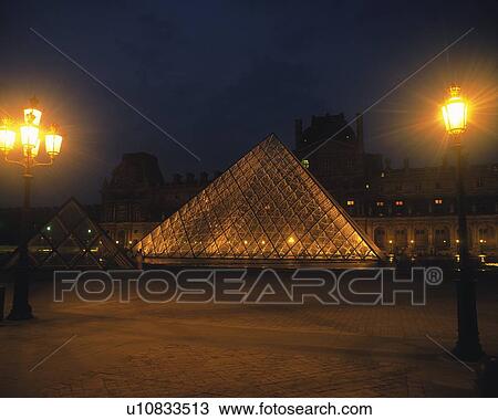 Stock Image - Louvre Museum, Paris, France, Europe, Front View, Long Exposure, Lens Flare. Fotosearch