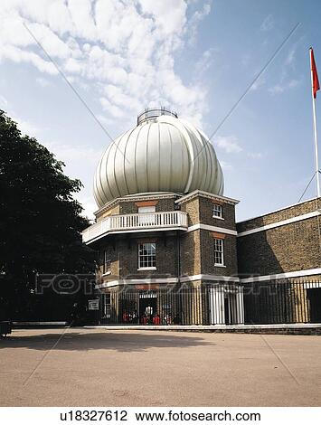 Stock Image - Old Royal Observatory, England, Europe, Low Angle View, Pan Focus. Fotosearch