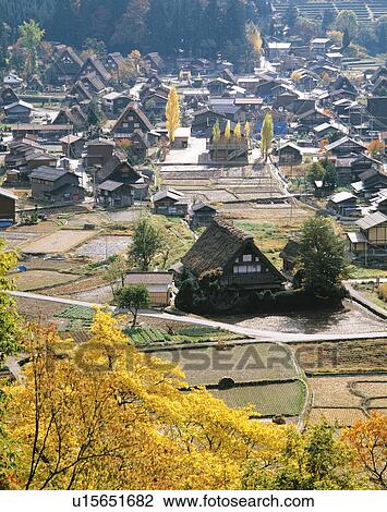 Stock Image - Shirakawa Village, Gifu Prefecture, Japan, Asia, High Angle View, Pan Focus. Fotosearch