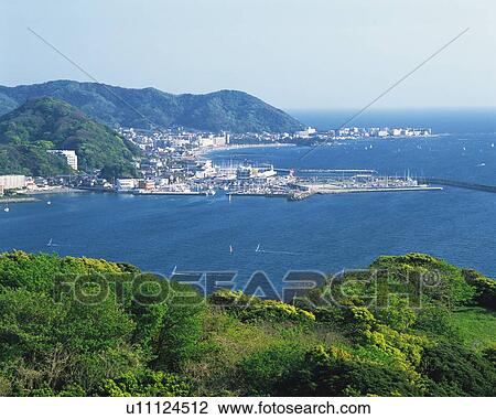 Stock Image - Hayama Beach and Zushi Beach, Shonan, Kanagawa Prefecture, Japan, High Angle View, Pan Focus. Fotosearch