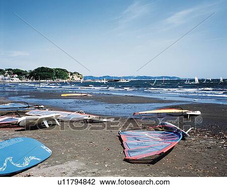 Stock Image - Katasehigashi Beach, Shonan, Kanagawa Prefecture, Japan, Front View, Pan Focus. Fotosearch