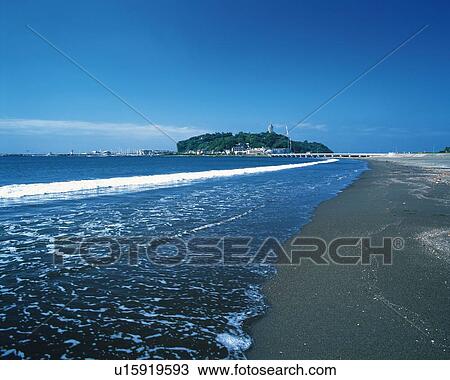 Stock Image - Katasehigashi Beach, Shonan, Kanagawa Prefecture, Japan, Front View, Pan Focus, Pan Focus. Fotosearch
