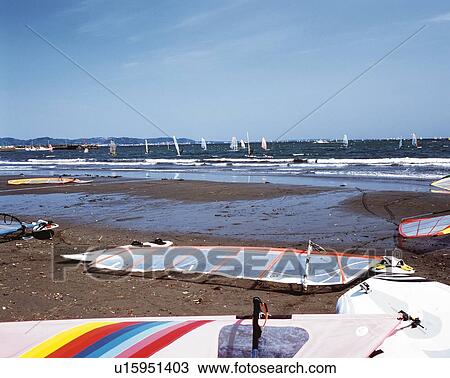Stock Image - Katasehigashi Beach, Shonan, Kanagawa Prefecture, Japan, Front View, Pan Focus. Fotosearch
