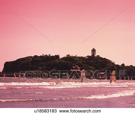 Stock Image - Katasehigashi Beach, Shonan, Kanagawa Prefecture, Japan, Front View, Toned Image. Fotosearch