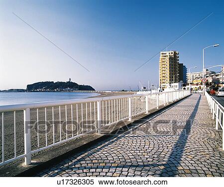 Stock Photography - Katasehigashi Beach, Shonan, Kanagawa Prefecture, Japan, Front View, Pan Focus. Fotosearch