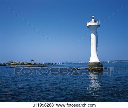 Lighthouse in the Sea, Shonan, Kanagawa Prefecture, Japan, Low Angle View, Pan Focus View Large Photo Image Stock Photo - Lighthouse in the Sea, Shonan, Kanagawa Prefecture, Japan, Low Angle View, Pan Focus. Fotosearch