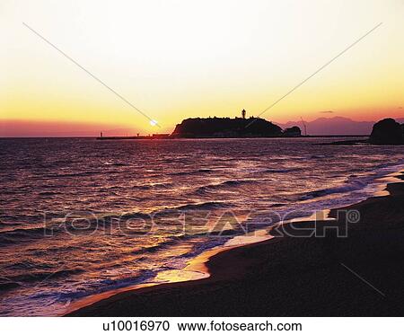 Stock Image - Shichirigahama Beach in the Evening, Shonan, Kanagawa Prefecture, Japan, Front View. Fotosearch