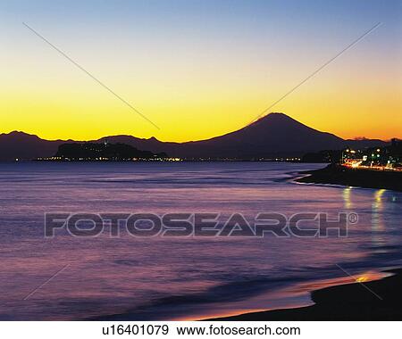 Stock Photo - Shichirigahama Beach in the Evening, Shonan, Kanagawa Prefecture, Japan, High Angle View. Fotosearch